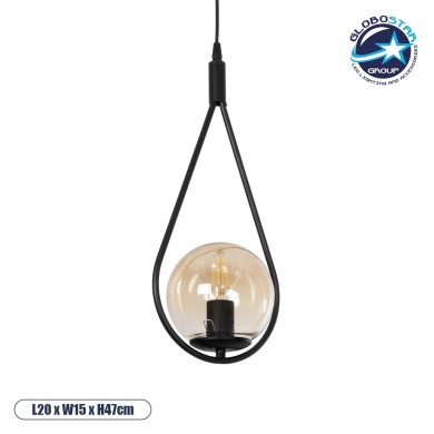 GLOBOSTAR® DROP 201-0016 Vintage Κρεμαστό Φωτιστικό Οροφής με Ντουί 1 x E27 AC 220-240V IP20 - Μαύρο & Μελί - Μ20 x Π15 x Υ47cm